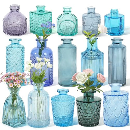 Set of 15 Blue Glass Bud Vases Small Textured Flower Vases - color: Blue