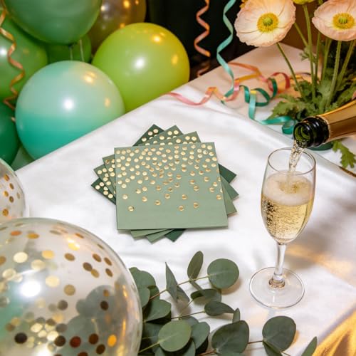 80 Pack of Paper Cocktail Napkins with Gold Foil Polka Dot Confetti，Polka Dot Party Supplies(5 x 5 in，2-ply) (80, Gradient Green) - style: Green Gold Dot
