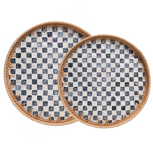 2PC Round Rattan Tray, Home Decor with Mother of Pearl Inlay, Terrekraft - color: Checkerboard, size: 11.8 & 13.8 inch