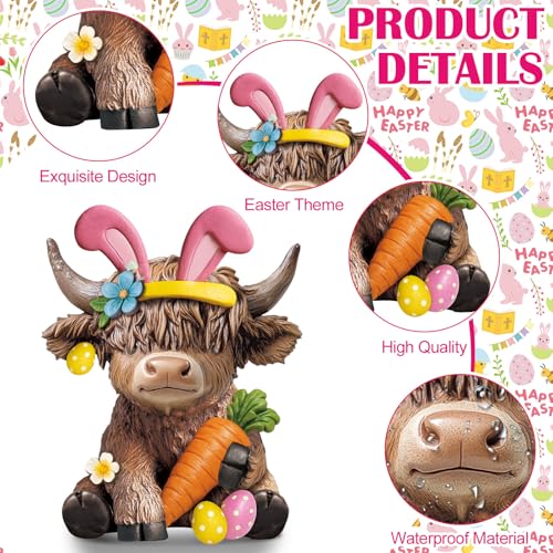 Karenhi 2 Pcs Highland Cow Figurines Resin, Bunny Ears Spring Decor - style: Easter