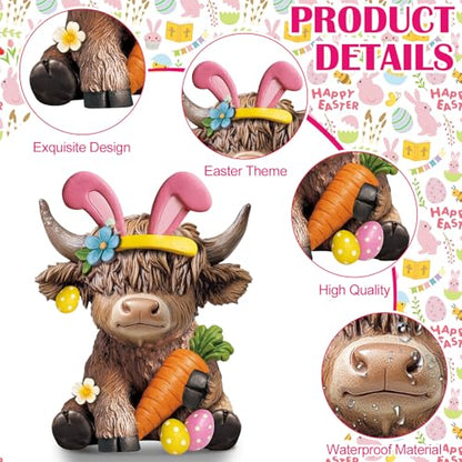Karenhi 2 Pcs Highland Cow Figurines Resin, Bunny Ears Spring Decor - style: Easter