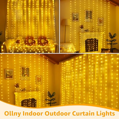 Ollny Curtain Lights 300LED 9.8ftx9.8ft, Connectable IP67 (Warm White) - color: Warm White, size: 9.8 ft