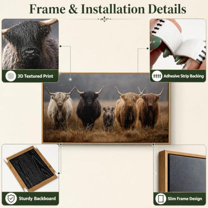 Framed Highland Cow Family Farmhouse Canvas Wall Art 24x48 Inch - color: Highland Cow, size: 48"L x 24"W