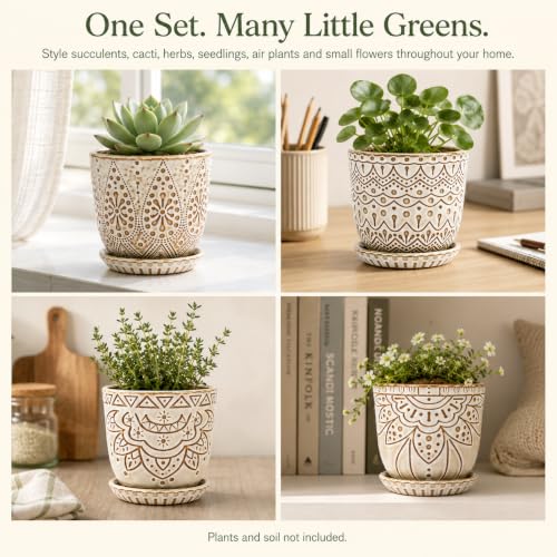 Gepege Ceramic Succulent Pots, 4 Inch Small Plant Pots with Drainage - color: Cream White, size: 4 Inch - Set of 4