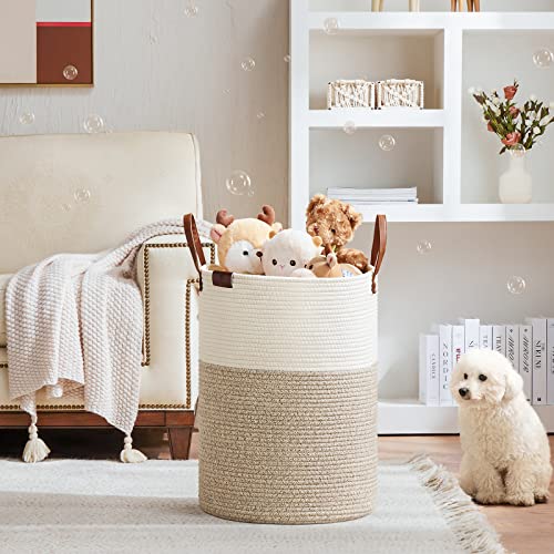 VIPOSCO 72L Tall Woven Rope Laundry Hamper, Leather Handles, White & Brown - color: Brown, size: 72L
