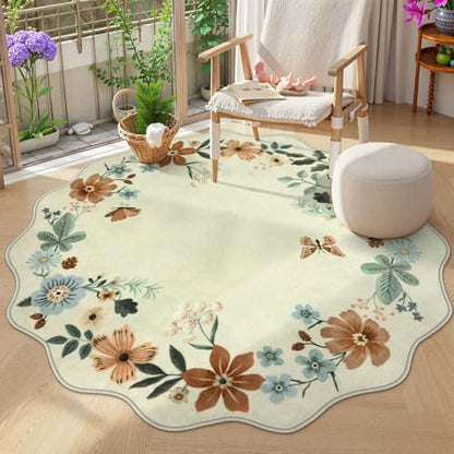 Lahome Floral Washable Round Rugs, Non-Slip Soft Round Rug 4ft Ultra-Thin - color: Beige, size: 4'(Round)