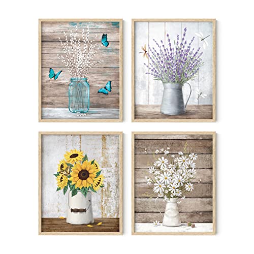 HAUS AND HUES Flower Wall Decor - Set of 4 Floral Wall Art,Floral Wall Decor,Flower Wall Art,Framed Flower Painting,Floral Pictures Wall Decor,Flower Pictures Wall Decor Framed (Framed Beige 8x10) - color: Farmhouse Bouquets, size: 8x10, style: Beige Fram