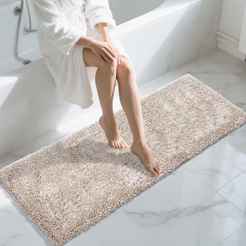 Yimobra Long Bathroom Rugs Runner 60x24 Inch, Extra Thick Soft Absorbent Chenille Bath Mat, Non Slip Machine Washable, Quick Dry Bath Rugs for Bathroom Floor, Tub and Shower, Khaki - color: Khaki, size: 60" X 24"
