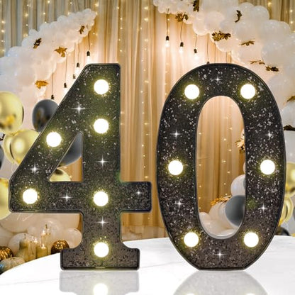 Black Glitter LED Marquee Number 40, Warm White Light Decor Sign - size: Number-40