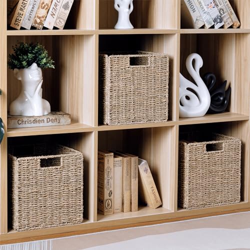 10.5 x 10.5in Cube Seagrass Storage Baskets, Foldable Square Wicker Storage Baskets for Shelves Set of 3, Large Cubby Rattan Basket, Collapsible Cube Storage Bins