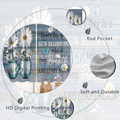 Farmhouse Rustic Daisy Flower Kitchen Curtains 2 Panels Teal Blue Plank Inspirational Quote Small Short Cafe Tier Window Treatment Drapes Butterfly Bathroom Bedroom Curtain 27.5W X 39L Inches - color: 10 Farmhouse Rustic Daisy, size: 27.5"W x 39"L (Pack o