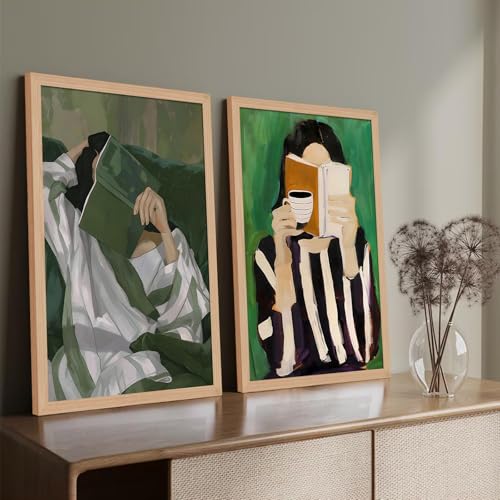 Framed Girl Reading Book Canvas Wall Art Set of 2 Reading Nook wall decor - color: AbstractFemaleBook, size: 12x16 Inch