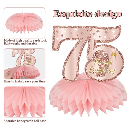 Turypaty Happy 75th Birthday Honeycomb Table Centerpieces Decorations Women - style: Pink Rose Gold 75th