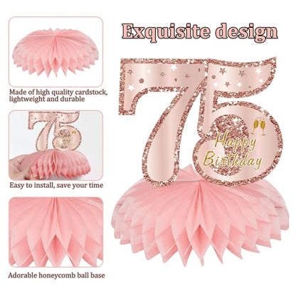 Turypaty Happy 75th Birthday Honeycomb Table Centerpieces Decorations Women - style: Pink Rose Gold 75th