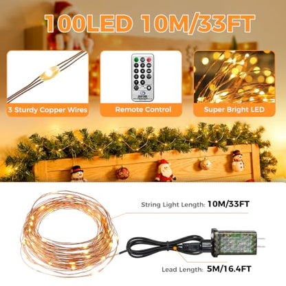 btfarm 2 Pack Fairy Lights Plug in with Remote, 33FT 100 LED Twinkle Lights - color: Warm White, size: 2 Pack-33FT
