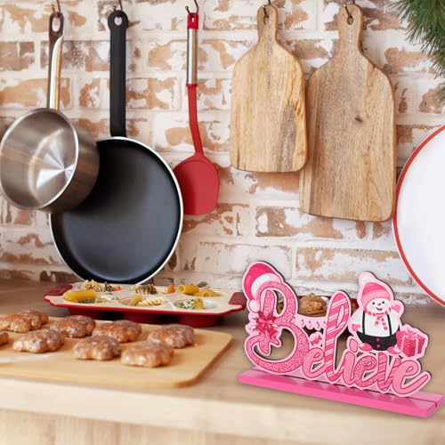 Blulu 3 Pcs Pink Christmas Wooden Signs Tabletop Farmhouse Centerpieces - color: Pink