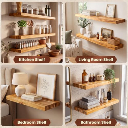 24 Inch Teak Floating Shelves, Set of 2 – Wall Mount Shelves for Bathroom - color: Raw Teak, size: 24"L, 2-Pack