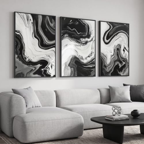 Large Framed Black and White Modern Abstract Wall Art Set of 3, 24x36 In - color: Black and White D, size: 24" W x 36" H x 3Pcs
