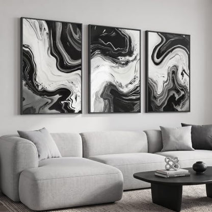 Large Framed Black and White Modern Abstract Wall Art Set of 3, 24x36 In - color: Black and White D, size: 24" W x 36" H x 3Pcs