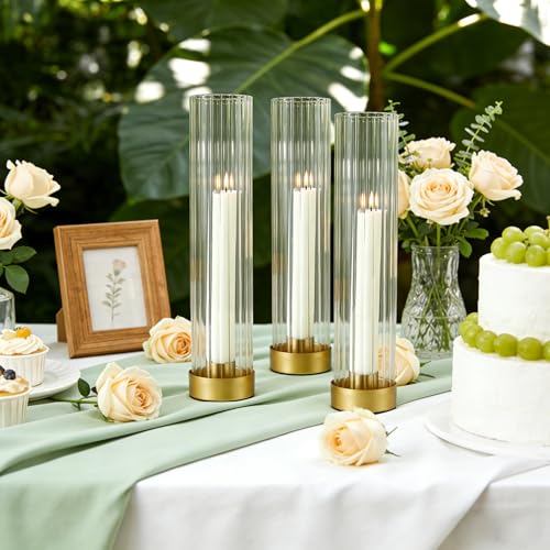 Hurricane Candle Holders Golden Taper Candle Sticks Holder, with 11" Thickened Glass Cylinder Covers Ribbed Candlesticks Holders Bulk Set of 10, Dining Table Centerpiece for Wedding - color: Clear Ribbed