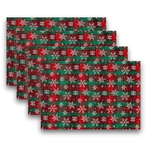 AQOTHES Christmas Plaid Placemats Set of 4 Big Snowflake 12x18 Table Decor - color: Green Big Plaid Snowflake