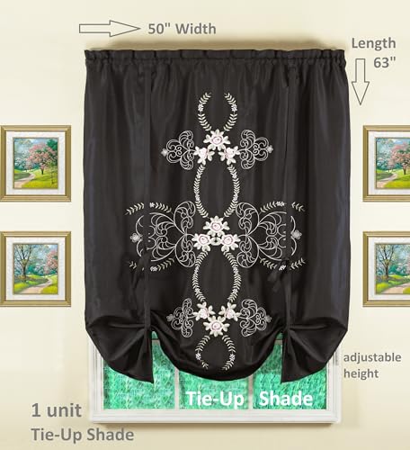 Today's Curtain Verona Reverse Embroidery Tie-Up Shade, 63", Black/Rose, 50" W X 63" L - color: Black/Rose, size: 50"W x 63"L (Pack of 1)