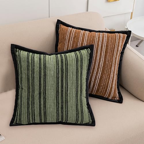 18x18-inch Green and Brown Striped Embroidered Chenille Sofa Pillowcase, Luxurious Modern Style, Suitable for Sofas, Living Rooms, bedrooms, Cars, and Outdoor Decorations (1 Green + 1 Brown) - color: 1 Pcs Green+1 Pcs Coffee