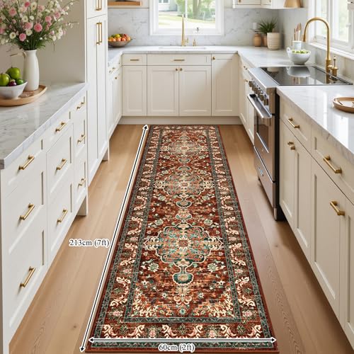 U'Artlines 2' x 7' Boho Hallway Runner Rug, Washable Carpet, Rust＆Teal - color: Rust＆teal, size: 2' x 7' (Runner)