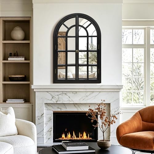 Arched Wood Mirror for Wall, 26" x 38" Rustic Farmhouse Mirror, Black - size: 38"L x 26"W