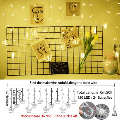 Butterfly Curtain Fairy Lights USB Plug in,120 LED 8 Modes 20FT Firefly Twinkle Icicle String Lights with Remote Timer Waterproof Copper Wire for Bedroom Patio Christmas Wedding Party Dorm(Warm White) - color: Warm White