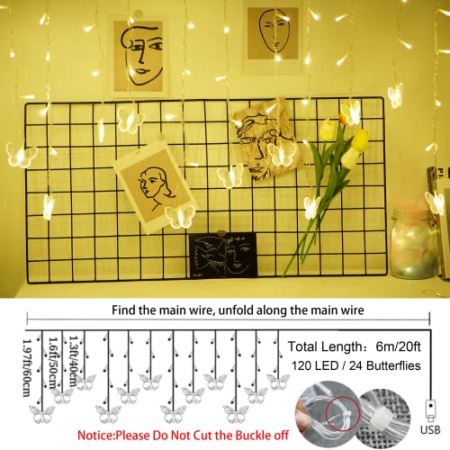 Butterfly Curtain Fairy Lights USB Plug in,120 LED 8 Modes 20FT Firefly Twinkle Icicle String Lights with Remote Timer Waterproof Copper Wire for Bedroom Patio Christmas Wedding Party Dorm(Warm White) - color: Warm White