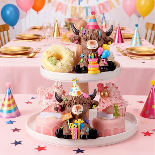 Karenhi 2 Pcs Highland Cow Figurines Resin Birthday Cake Topper Decor - style: Birthday