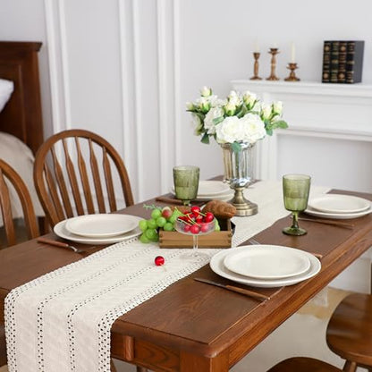 Simple&Opulence Boho Macrame 100% Cotton Table Runner - 12 x 90 Inch, Woven Farmhouse Table Runner with Fringed Edges for Bohemian Rustic Wedding, Bridal Shower, Dinner （White） - size: 12"x90", style: Cotton /white