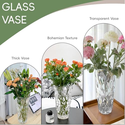 Luxury Tall Glass Vase, Premium Geometric Shape Flower Vase - White Textured Surface Home Decor, Decorative Modern Farmhouse, Ideal for Shelf, Mantle, Table & Entryway Decor, Clear