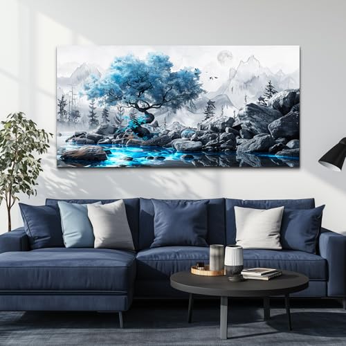 Canvas Wall Art for Living Room Black And White Landscape Tree 24x48 Inches - color: Blue Tree, size: 48"L x 24"W