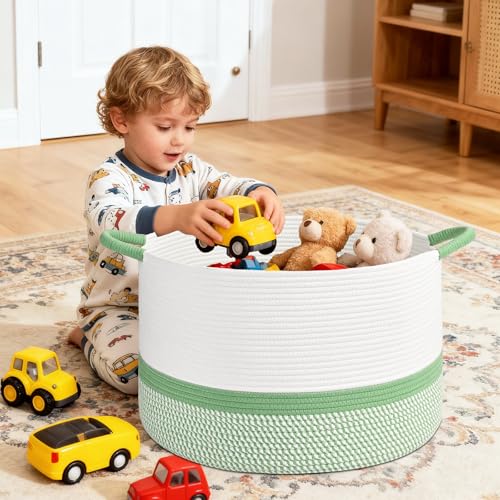 67L Large Blanket Basket, 20"x13" Blanket Basket Living Room, Woven Baskets With Handle, Toy Baskets for Blankets, Nursery, Dog, Pillow, Gift (White & Green) - color: White & Green, size: 67L
