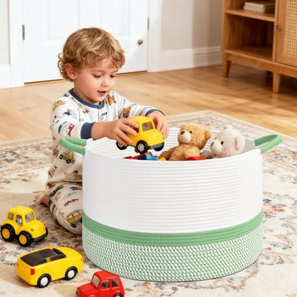 67L Large Blanket Basket, 20"x13" Blanket Basket Living Room, Woven Baskets With Handle, Toy Baskets for Blankets, Nursery, Dog, Pillow, Gift (White & Green) - color: White & Green, size: 67L