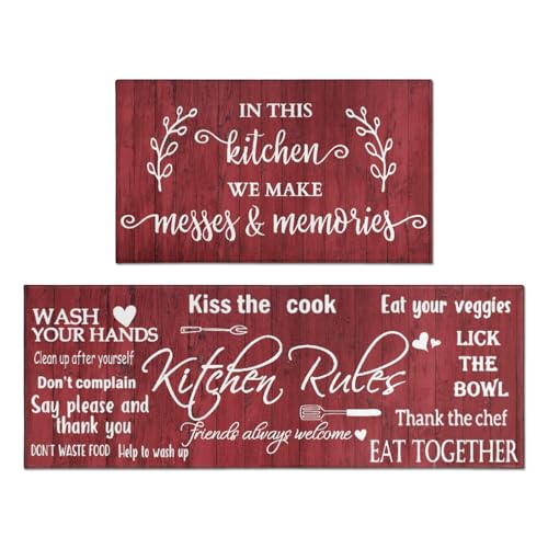 Farmhouse Kitchen Rug Sets of 2 Piece Non Slip Kitchen Rugs and Mats Washable Kitchen Mats for Kitchen Floor Mat Carpet Runner Rugs for Hallway Laundry Decor 17"x30"+17"x47" - color: Kitchen Rules-red, size: 17" x 30" + 17" x 47" (Set of 2)