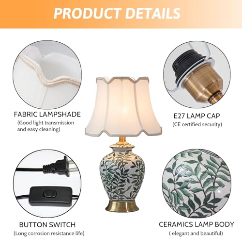 Green Plant Ceramic Table lamp American Ceramic Desk Lamp with Gold Base and Green Leaf Lamp Body Design Cottage Bedside Desk Nightstand Table Lamp for Bedroom,Living Room,Office