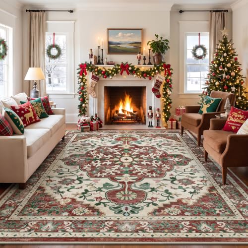 U'Artlines Red Christmas Area Rug 9x12 Boho Washable Soft Holiday Carpet - color: Christmas Red, size: 9' x 12' (Rectangular)