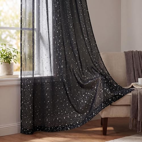 Horaldaily 2Pcs Black Sheer Curtains 52x63in, Silver Sequin Star, Halloween - color: Black and Sliver, size: 52"W x 63"L (Pack of 2)