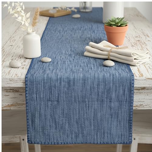 Coffee Table Runner Modern Kitchen Cotton Table Cloth Strip with Decorative Stitched Edge Dresser Scarf Dining Table Washable Small Furniture Top Cover 14"x48" Blue - color: Blue, size: 14"x 48"