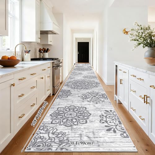 HEBE Hallway Runner Rug 3'x20', Washable Non Slip Kitchen Rug Runner - color: Grey, size: 3' x 20' (Rectangular)