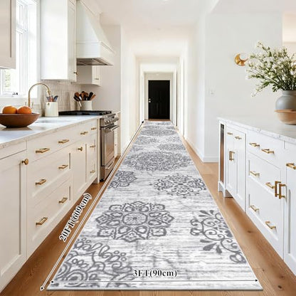 HEBE Hallway Runner Rug 3'x20', Washable Non Slip Kitchen Rug Runner - color: Grey, size: 3' x 20' (Rectangular)