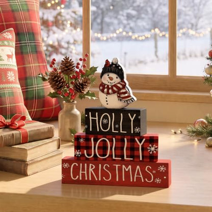 Smile 4 Pcs Wooden Christmas Block Signs, Holly Jolly Snowman Decor - style: Holly Jolly
