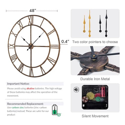 40 Inch Large Silent Wall Clock, Easy Assembly Roman Numeral Bronze - color: Bronze Metal Wall Clock, size: 40inch