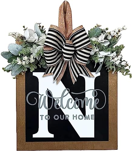 Last Name Year Round Front Door Wreath Front Porch Decoration 26 Letter Welcome Sign with Eucalyptus Garland and Bow Spring Wreaths for Front Door Outside Hanger Garland (N) - color: N