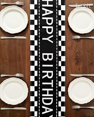Letjolt Happy Birthday Table Runner Black Checkerboard 72 Inches - color: Black White Check, size: 12x72 Inches