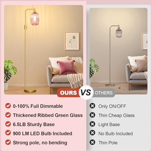 【Upgraded】 Dimmable Floor Lamp for Living Room with Pink Ribbed Glass Lampshade, Gold Modern Floor Lamp with 900LM LED Bulb Included, Arc Standing Tall Lamp for Bedroom, Office, Reading Room, Corner - color: Pink Ribbed Glass-Gold