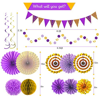 24 Pcs Purple Gold Party Decorations, Paper Fans Pom Poms Banner - color: Purple Gold